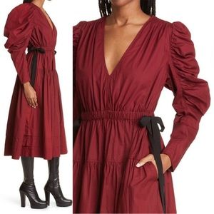 Ulla Johnson Althea Long Sleeve Tiered Ruffle Cotton Bordeaux US 8 NWT MSRP $575